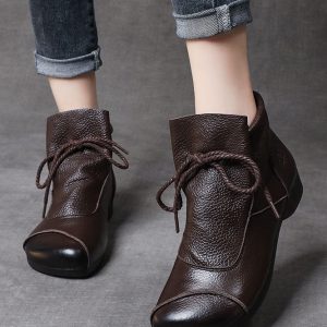 Simple Brown Cowhide Leather Boots Lace Up Splicing Ankle Boots