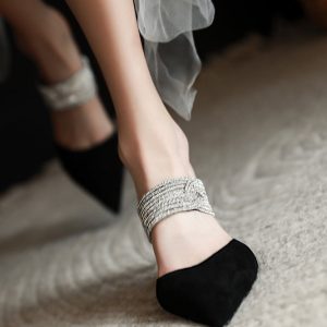 Classy Zircon Splicing Stiletto Black Suede Slide Sandals