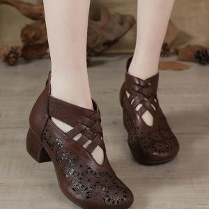 Brown zippered Hollow Out Chunky Boots