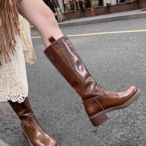 Brown High Boots Chunky Heel Faux Leather Chic Splicing