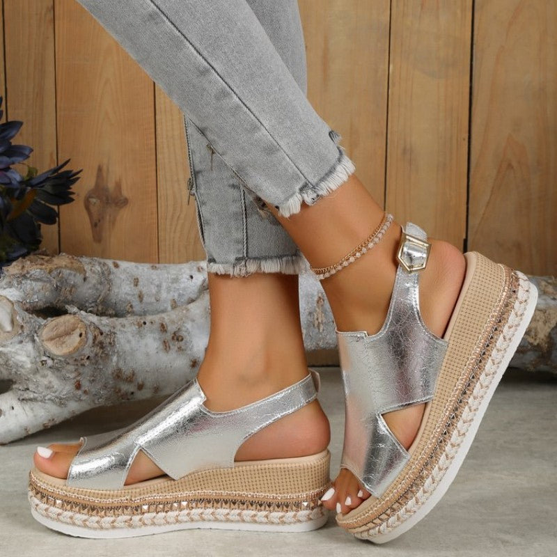 Casual Hollowed Out Patchwork Fish Mouth Out Door Wedges Shoes (Heel Height 1.97in) - Image 4